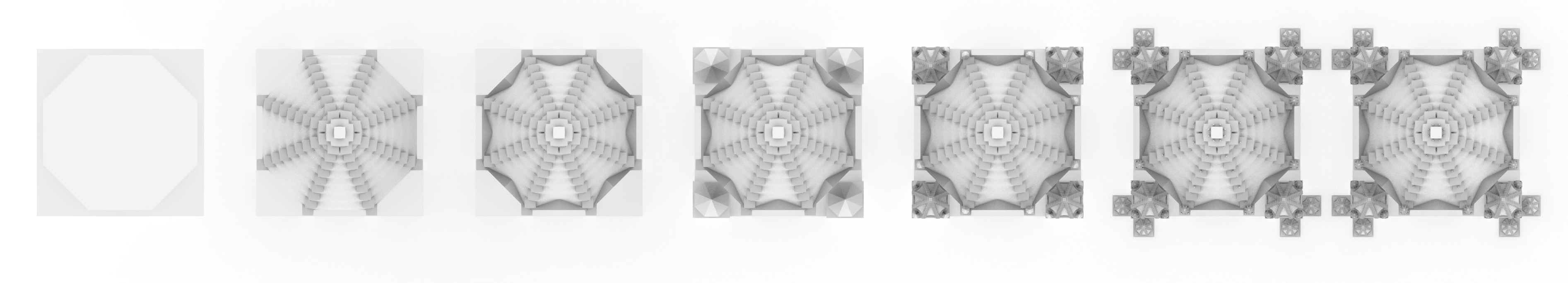 The increase of complexity can be observed better when the different stages are side by side scaled to the same size