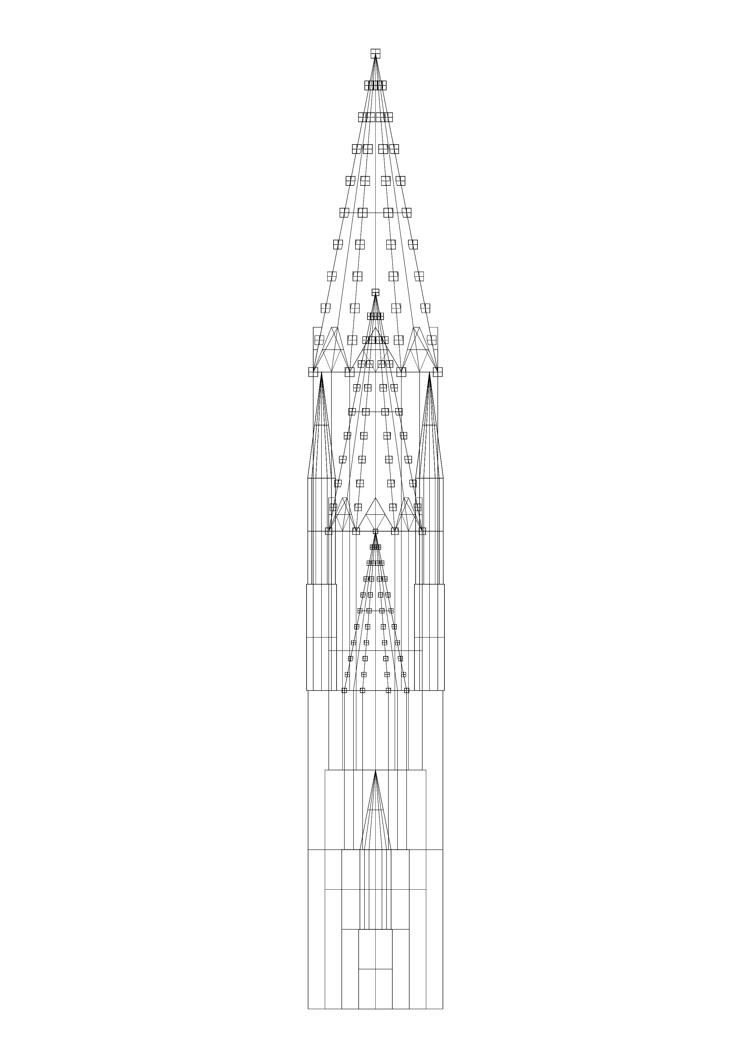 Complexity as a factor of height: the first four stages of the ‘growth’ of the tower drawn together. The basic structure, the crocketed one, the one with gables, and finally the first recursive level with the base structures again: the pinnacles around the octagon